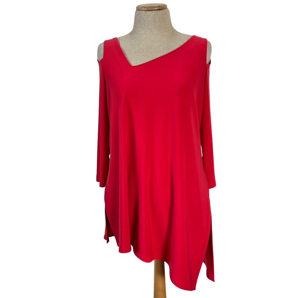 Sympli Womens Size 10 Red Cold Shoulder Asymmetrical Hem 3/4 Sleeve Tunic Top